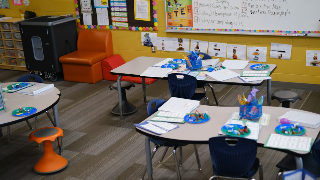 Bright elementary classroom with small group tables